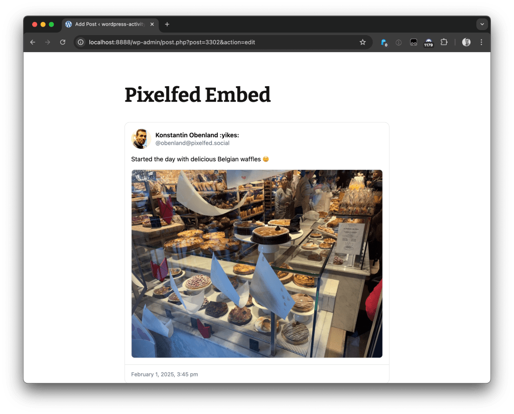 Screenshot of a Pixelfed post embedded in the WordPress editor, showing the fallback ActivityPub preview with image, description, and author info