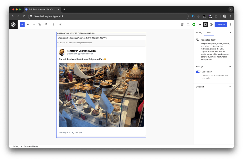 WordPress editor showing a Federated Reply block with an embedded post from PixelFed, featuring a photo of a bakery display full of pastries. The sidebar shows the ‘Embed Post’ setting toggled on.