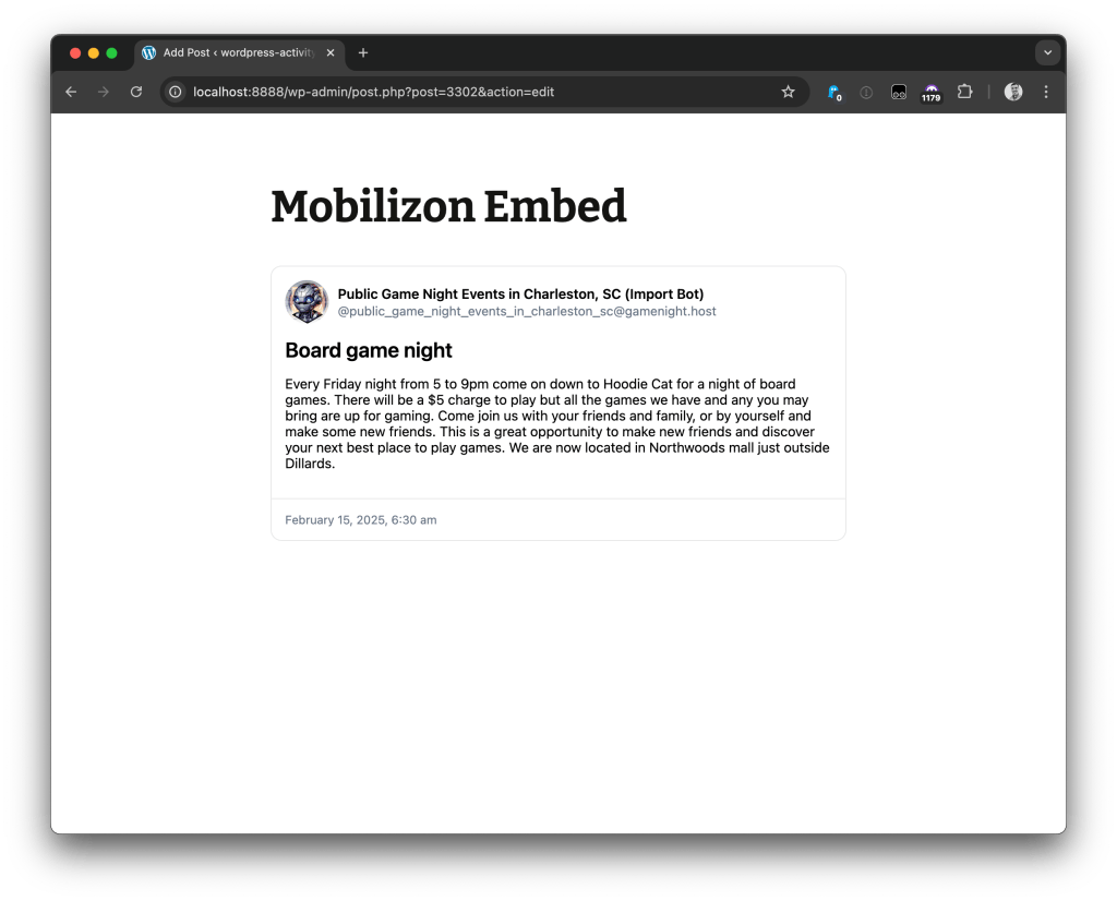 Screenshot of a Mobilizon event embedded in the WordPress editor, showing the fallback ActivityPub preview with event title, description, and author info.