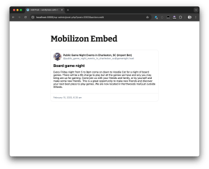 Screenshot of a Mobilizon event embedded in the WordPress editor, showing the fallback ActivityPub preview with event title, description, and author info.